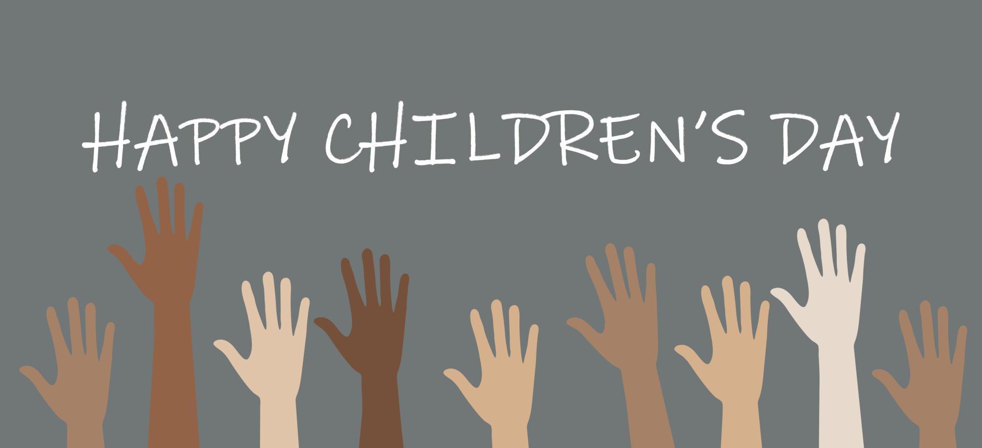 Happy Children's Day. Multiracial hands of children on the background of asphalt with chalk drawing. Vector illustration.