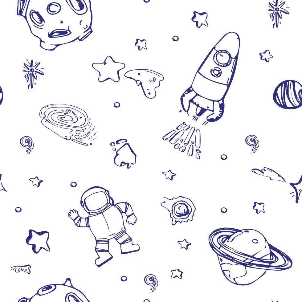 espacio y astronauta de patrones sin fisuras. fondo de cielo estrellado con elementos cósmicos. sistema solar dibujado a mano, estrellas, planetas, naves espaciales, cohetes. vector