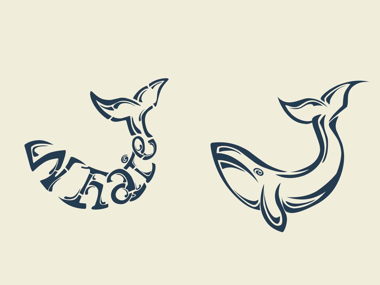 logotipo de diseño de arte de línea y vector de texto de efecto de ballena