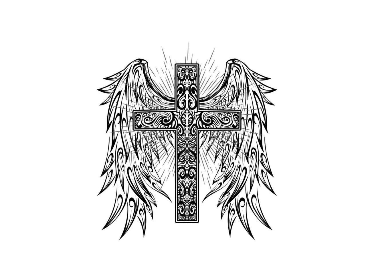 Holy cross tattoo with angel wings free black and white vector