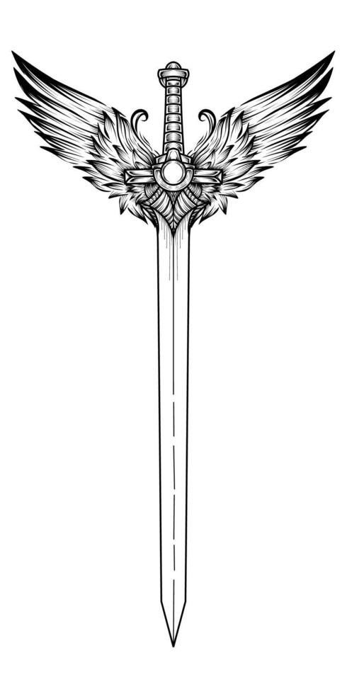 Sword tattoo with angel wings black and white vector