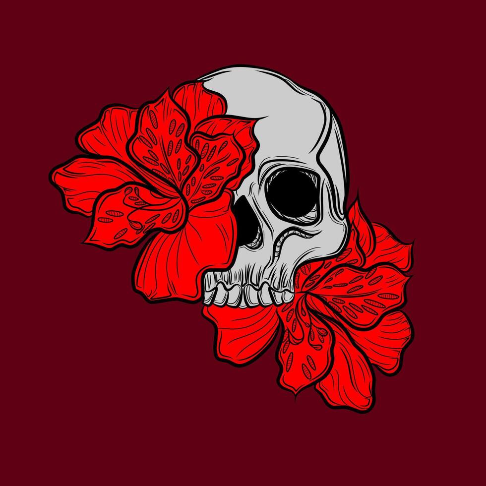 Skull vintage vector design with red flowers