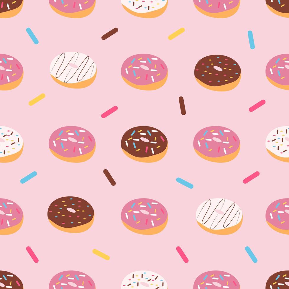 Donut seamless pattern. Pink donut with different topping on pink background vector