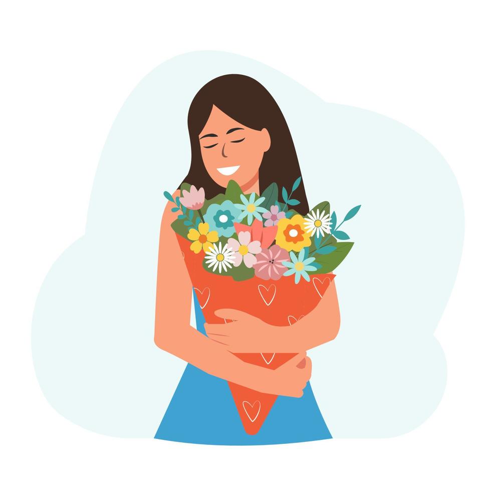 hermosa mujer sonriente sosteniendo un ramo de flores en las manos aisladas en un fondo rosa. día internacional de la mujer. ilustración vectorial. vector
