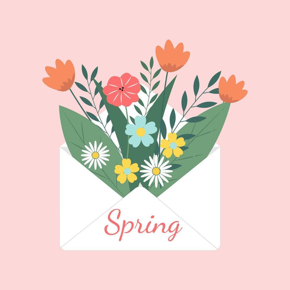 Bouquet of spring flowers inside the envelope. Vector greeting card.Hello spring.Vector illustration