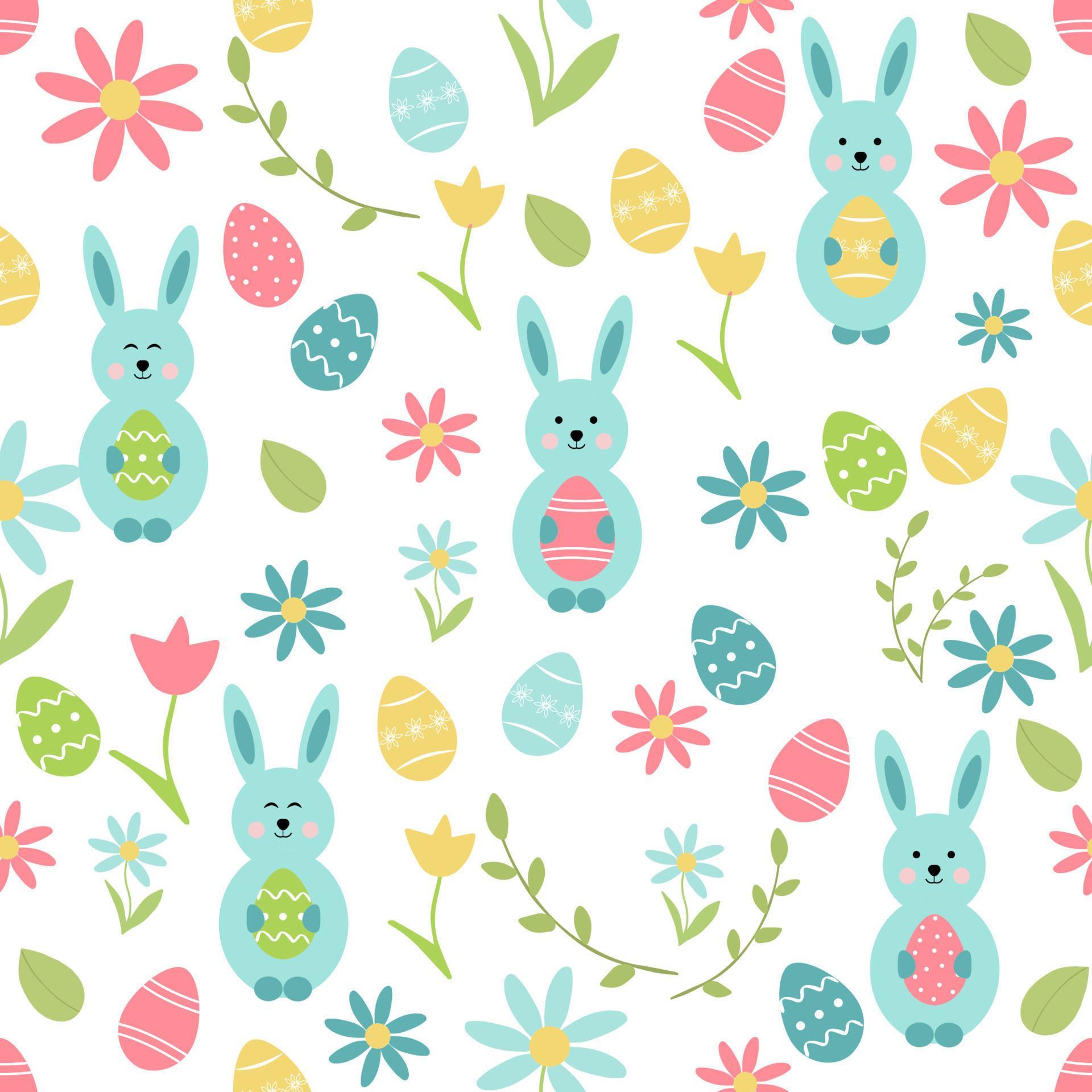 Easter Spring Seamless Pattern With Cute Bunies Flowers And Decorated Easter Spring Seamless Pattern With Cute Bunies Flowers And Decorated