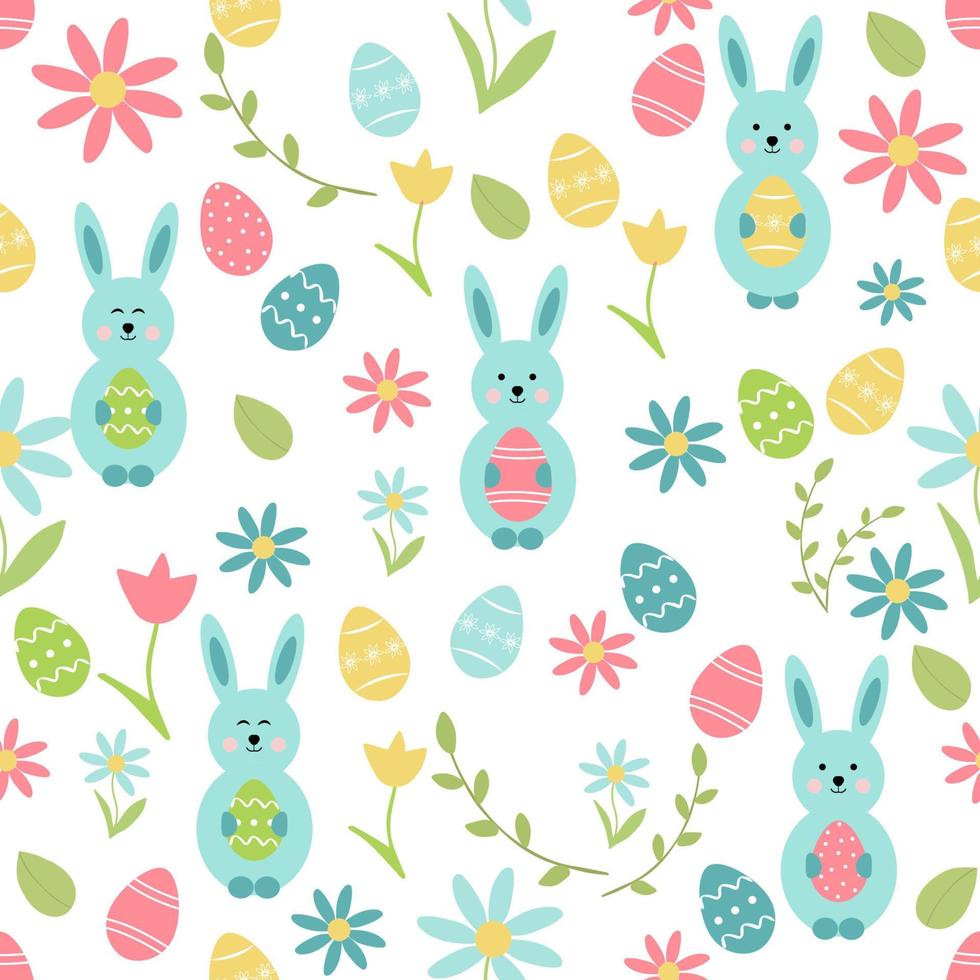 Easter spring seamless pattern with cute bunies, flowers  and decorated eggs. Hand drawn flat cartoon elements. Vector illustration