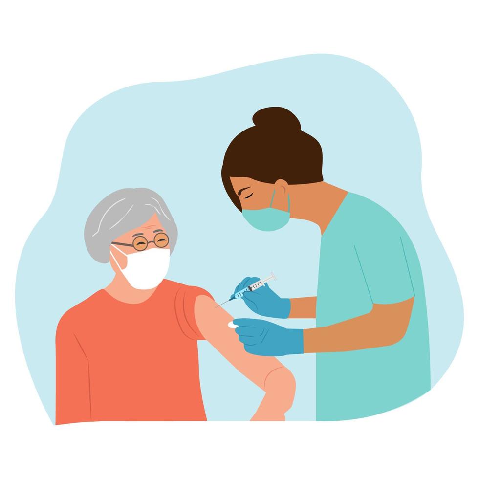 Vaccine elderly.  Doctor holds an injection vaccination senior.  Vaccination concept. Vector illustration.