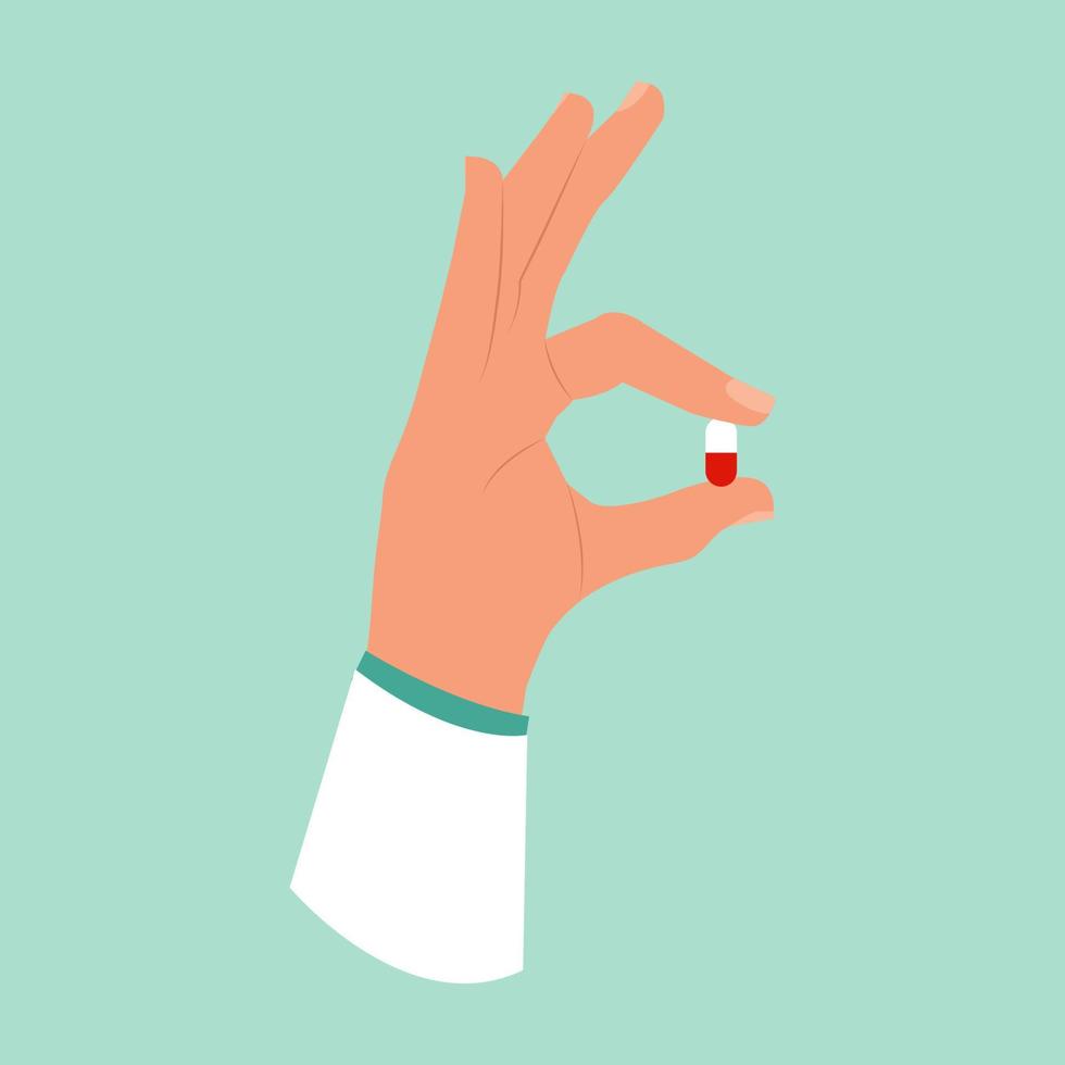 Hand holding a medical pill. Doctor's  hand is holding a red and white pill his fingers.Vector illustration vector