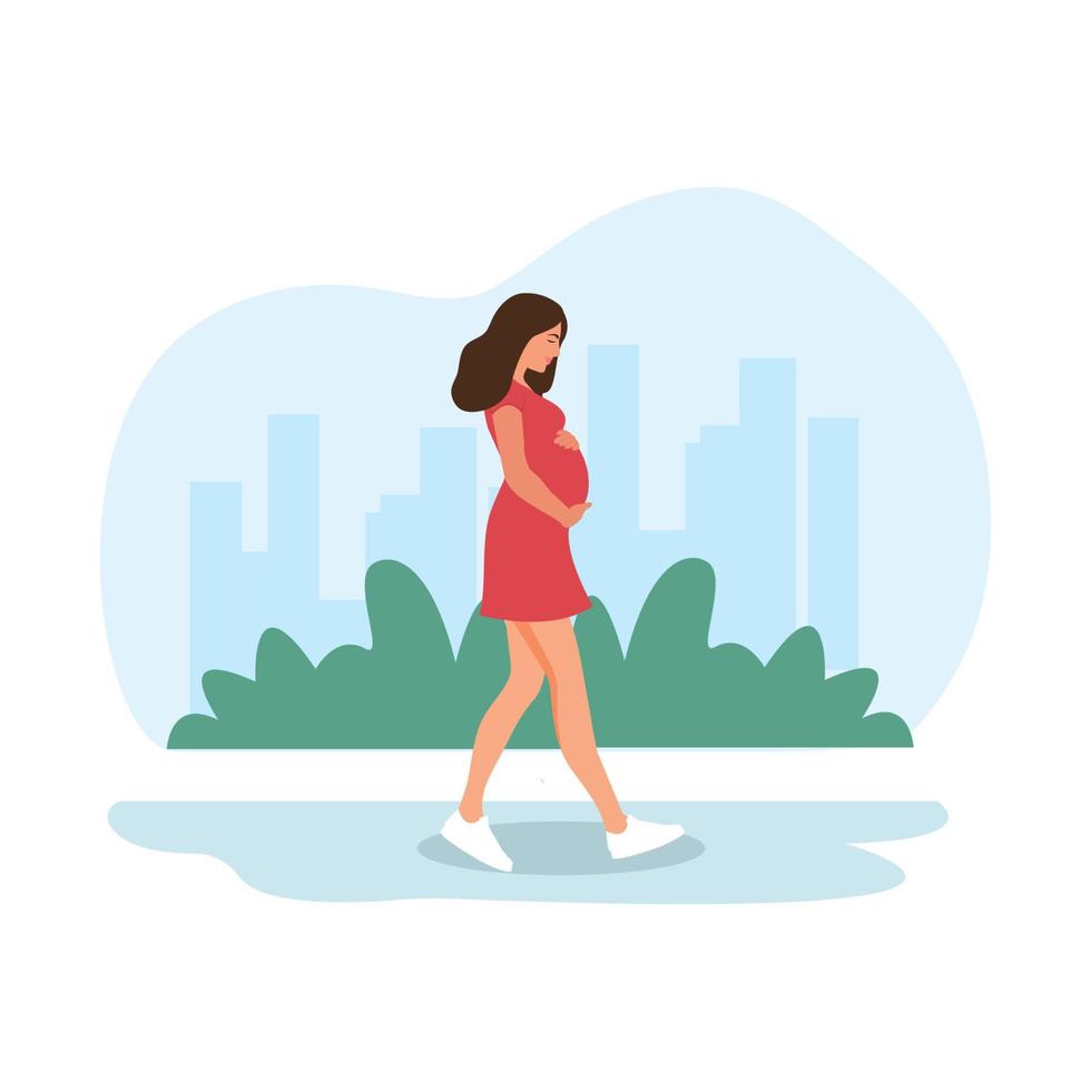 mujer embarazada caminando. embarazo feliz deporte para embarazadas.  ilustración vectorial de dibujos animados plana 7718639 Vector en Vecteezy
