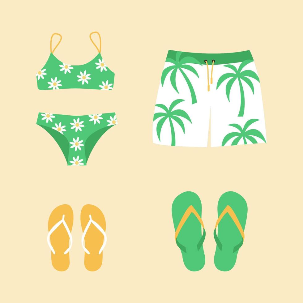 Set of women's swimsuit and men's swimming trunks shorts for swimming. Vector illustration isolated