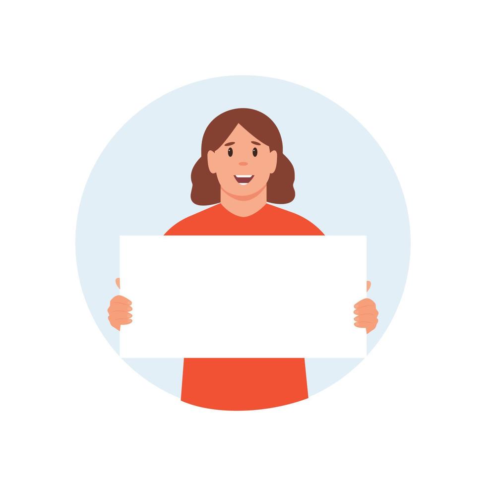 mujer sosteniendo una pancarta vacía con lugar para texto. ilustración de dibujos animados vectoriales con una niña sonriente con una cartelera en sus manos. vector