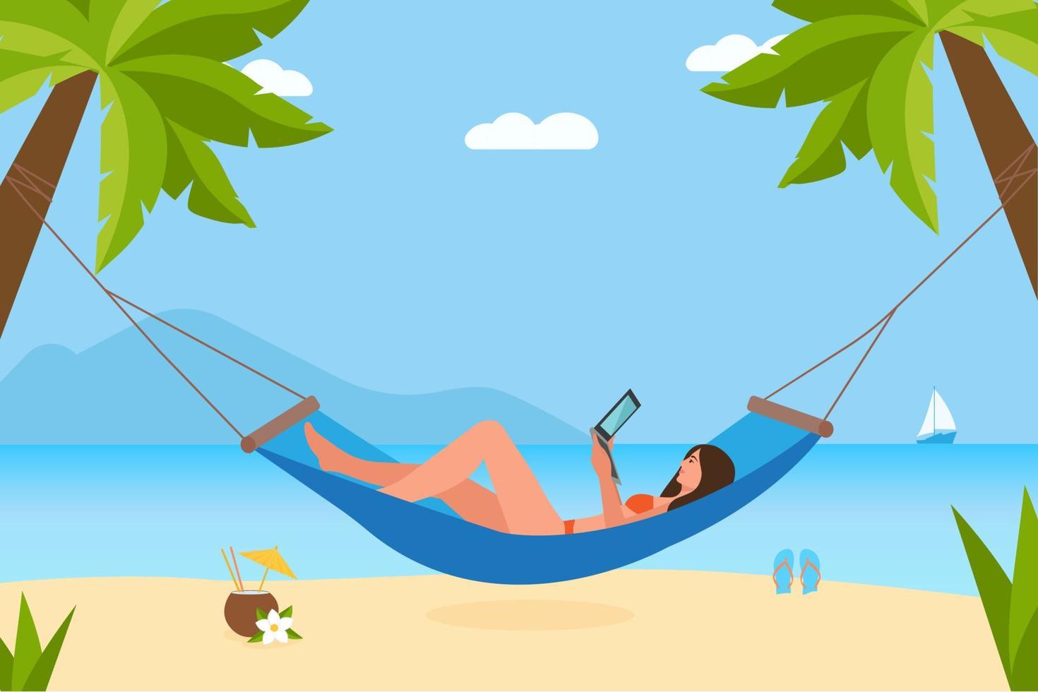 Woman lying on hammock with notebook. Freelancer.Tropical cocktail , palm trees, ship on background distant. Freelance concept. Female Character Relaxing on Seaside.Vector vector