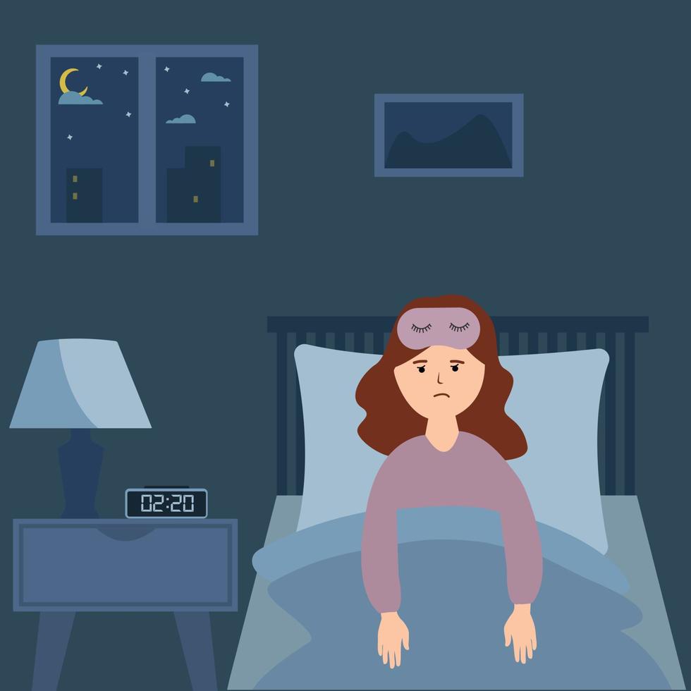 Sleepless woman suffering from insomnia. Girl with open eyes in darkness night lying on bed.Concept vector illustration. Woman try to sleep under blanket.Woman insomnia.Flat cartoon style