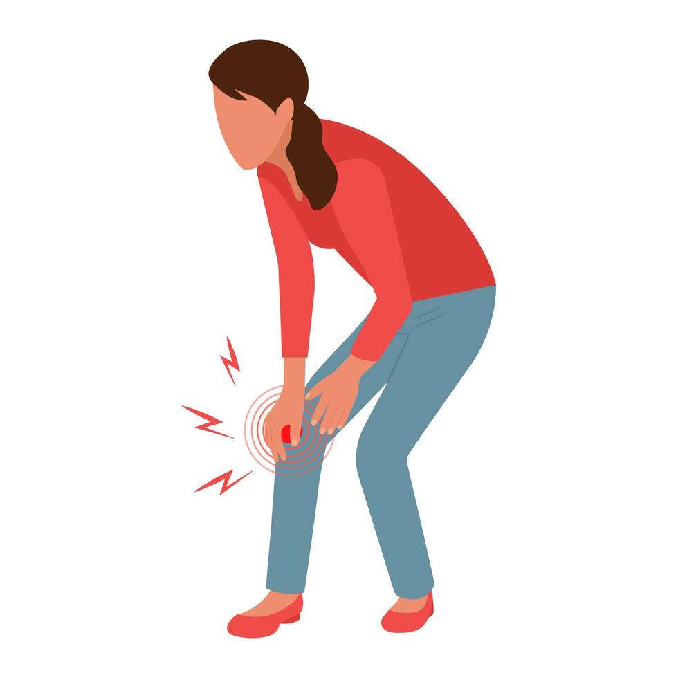 mujer triste sintiendo dolor en la rodilla. mujer que tiene problemas con las piernas que sufren de dolor aislado en blanco. ilustración vectorial vector