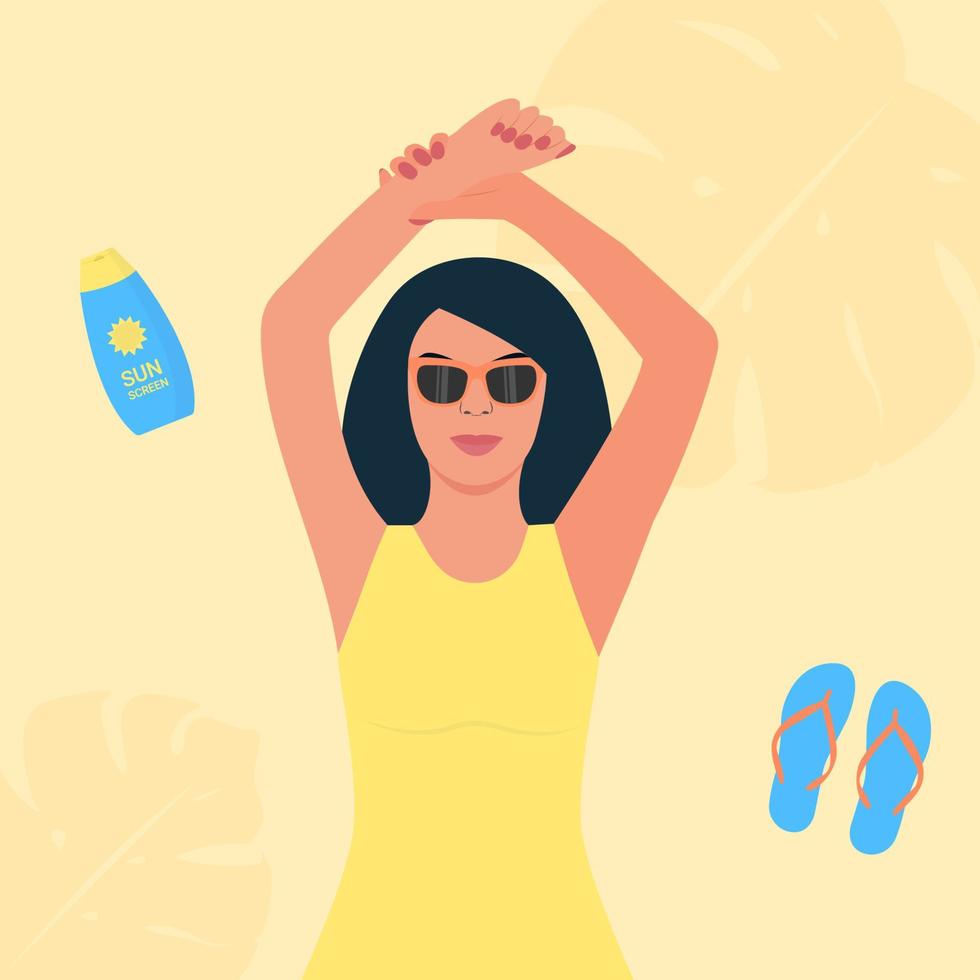 Portrait of a beautiful woman in a swimsuit and sunglasses.Sunscreen for the face on the sand.Concept of summertime, sunbathing, relaxing on the beach. Vector illustration.