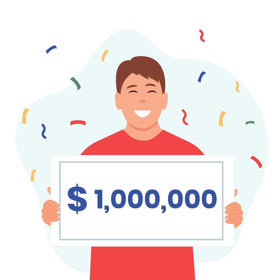 Happy man with check for one million dollars in hands. Bib win lottery,winner.Money and business, finance success rich, lottery and award, vector illustration