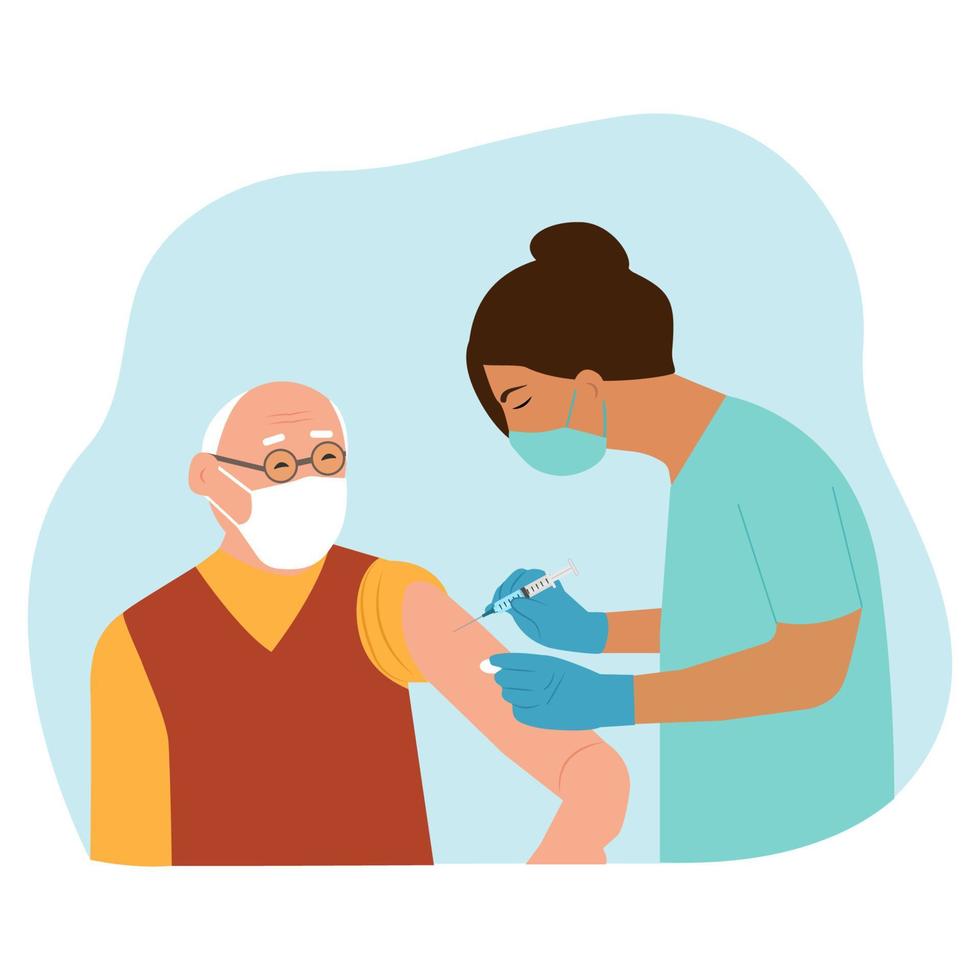 Vaccine elderly.  Doctor holds an injection vaccination senior, old man.  Vaccination concept. Vector illustration.
