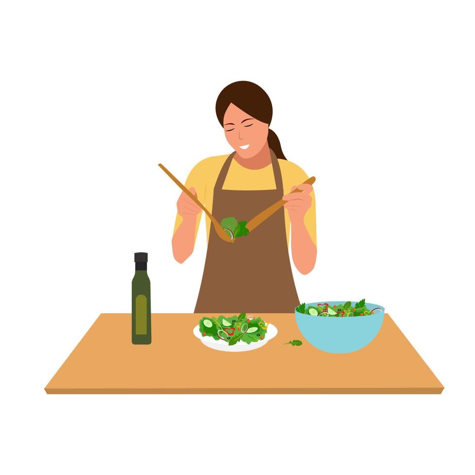 mujer sonriente cocina ensalada casera de verduras en la mesa de la cocina. chica en delantal cocina comida saludable en casa. ilustración plana vectorial. vector