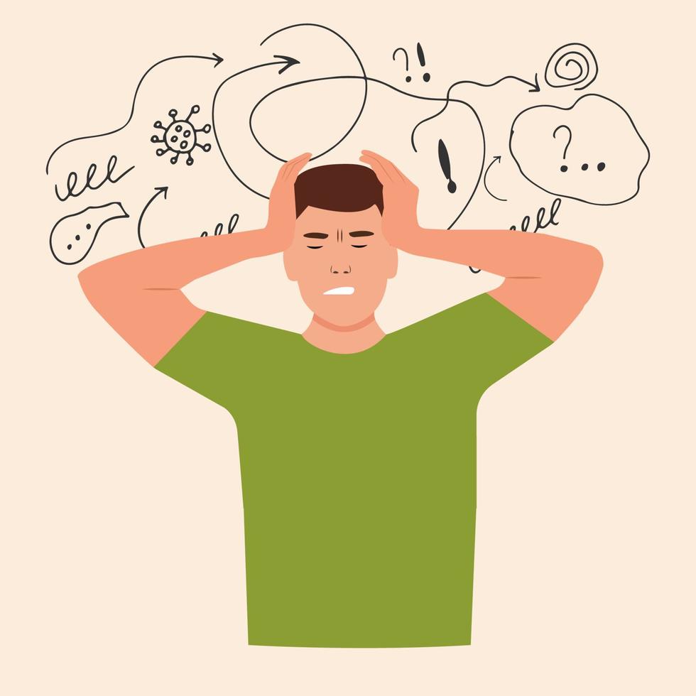 Man with nervous problem feel anxiety and confusion of thoughts vector flat.Boy with anxiety touch head surrounded by think