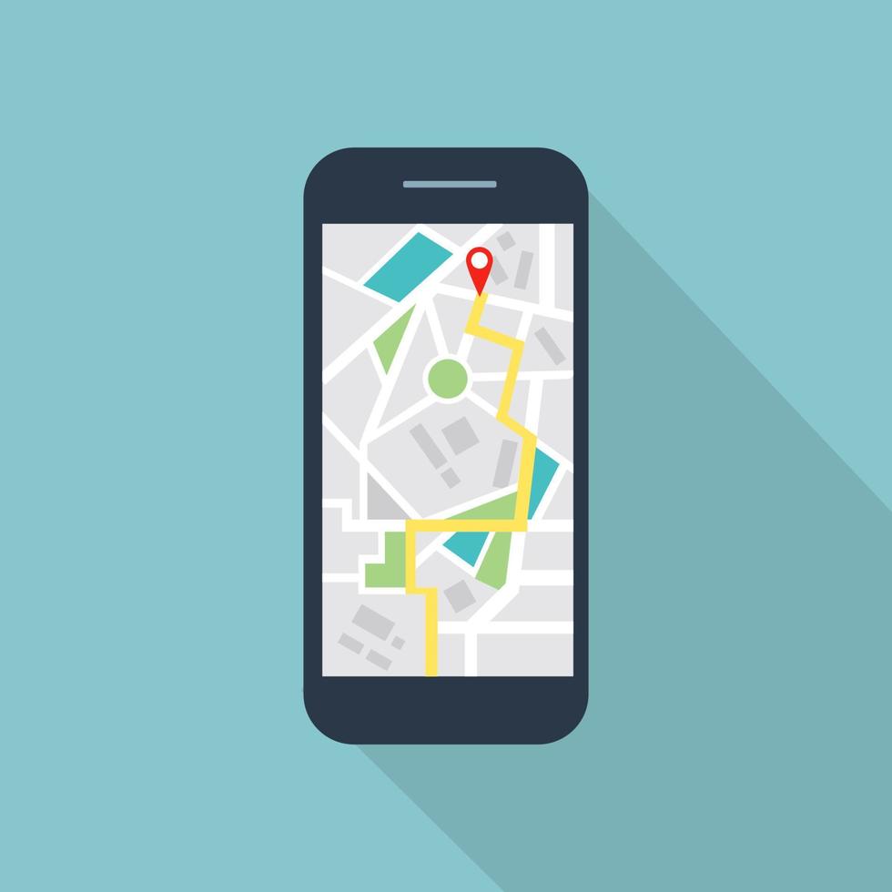 mapa de navegación gps, aplicación de mapa de teléfono inteligente y punto rojo en la pantalla. concepto de seguimiento y navegación gps móvil. vector