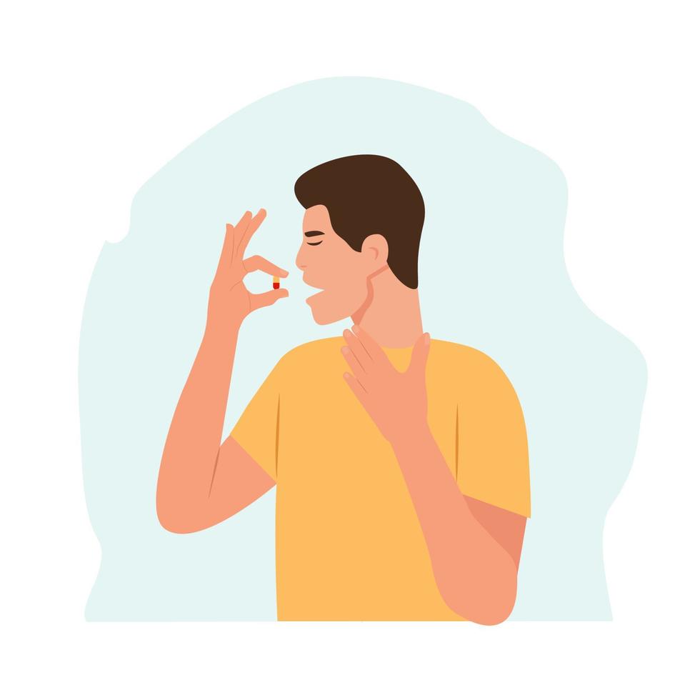 el hombre toma una pastilla. el hombre tiene una pastilla en la mano y tiene la intención de tomarla. dolor de pecho, dolor de corazón. tratamiento con medicamentos, farmacia y medicina, concepto. ilustración vectorial vector