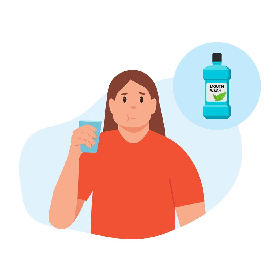 mujer haciendo gárgaras mientras usa enjuague bucal de un vaso. rutina diaria de higiene bucal. concepto de salud dental.enjuague la ilustración de vector de boca