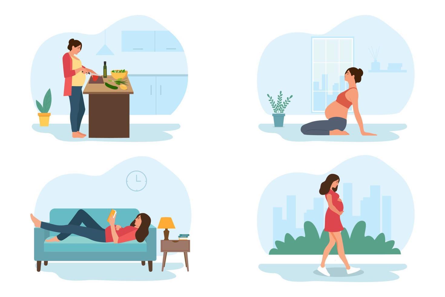 A set of daily leisure and work activities performed by a pregnant woman. A set of scenes from everyday life. Woman cooking,doing yoga, reading, walking vector