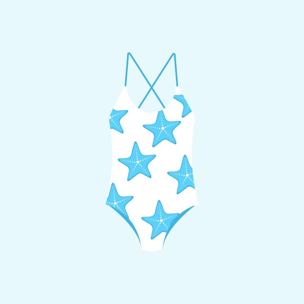 Women's one-piece swimsuit. Modern swimwear with starfish. Womens swimwear. Flat colorful vector illustration isolated on blue background.