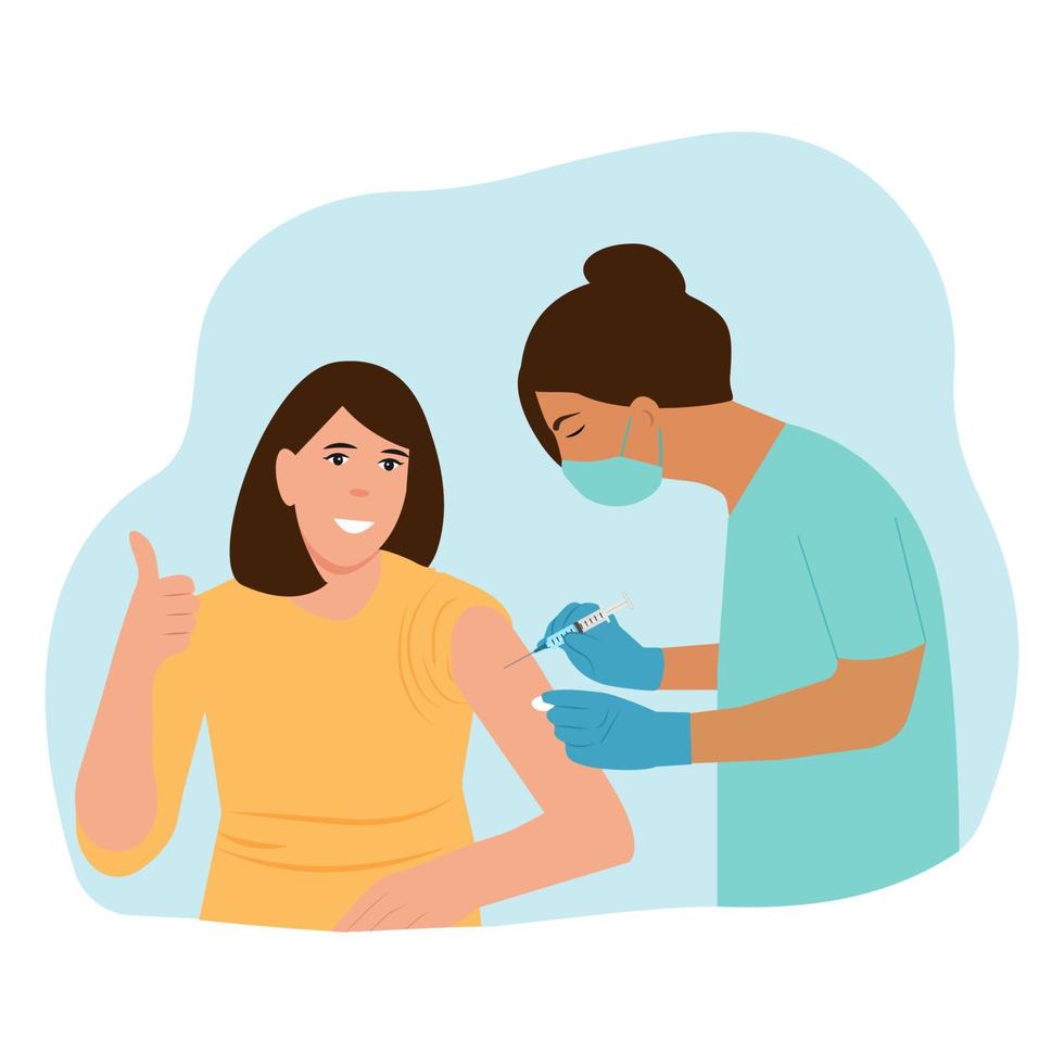 Doctor vaccinating patient. Adult vaccination concept.  Immunization and vaccination of people against infection and bacterial disease.Happy patient. Vector illustration