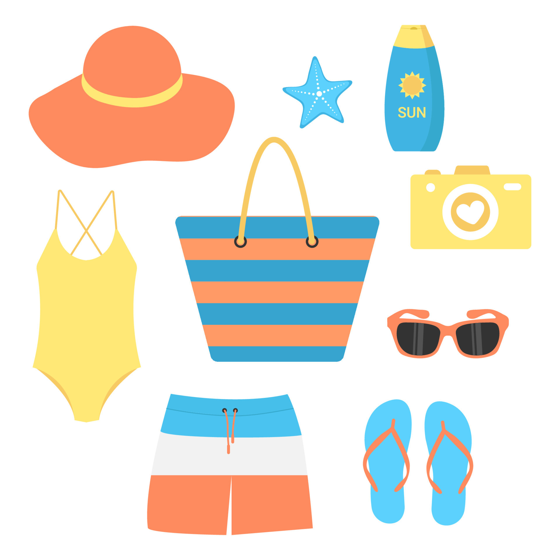 Summer Beach Items Set. Vector cartoon elements of sea recreation