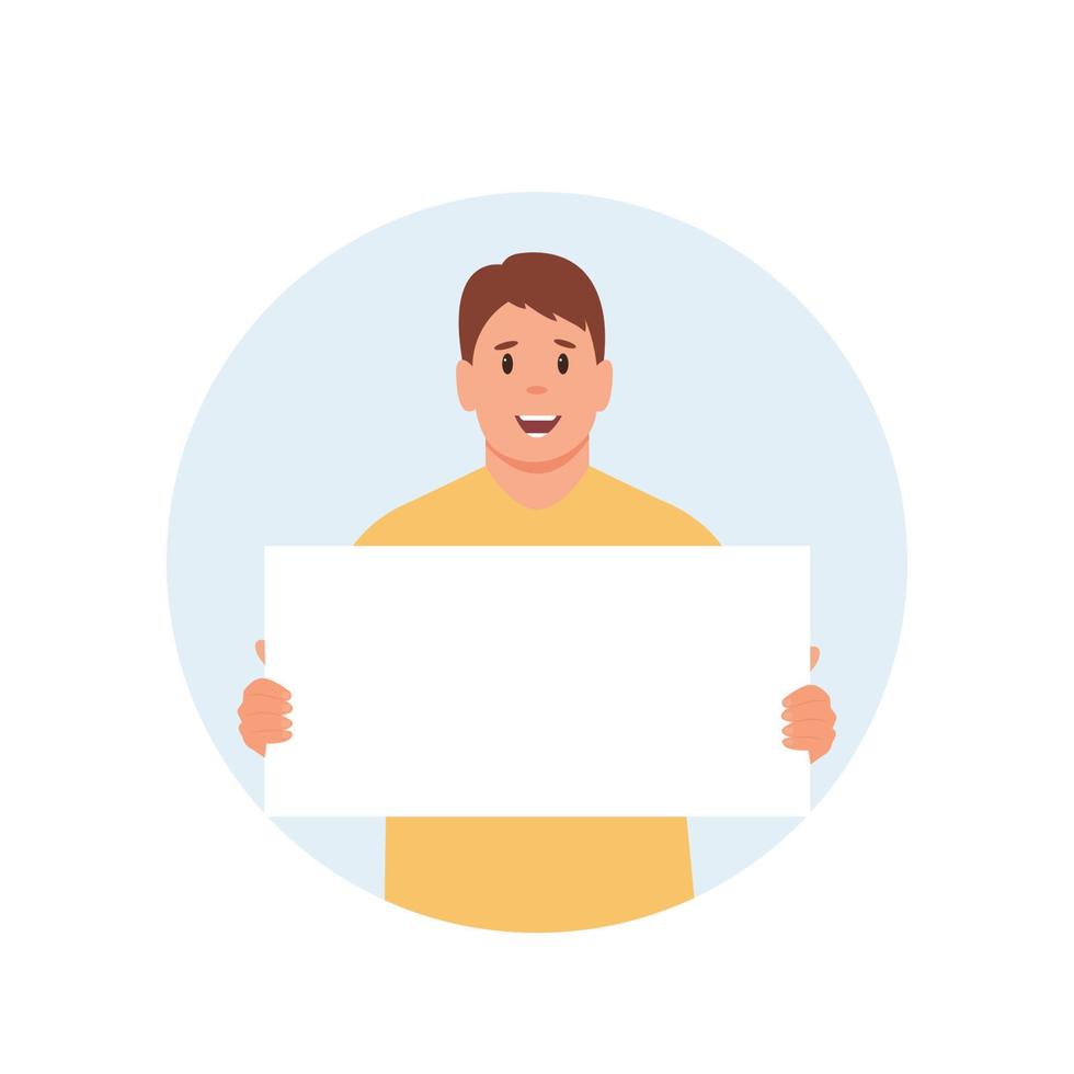 Man holding empty banner with place for text.Vector cartoon illustration with a smiling  guy with a billboard in his hands. vector