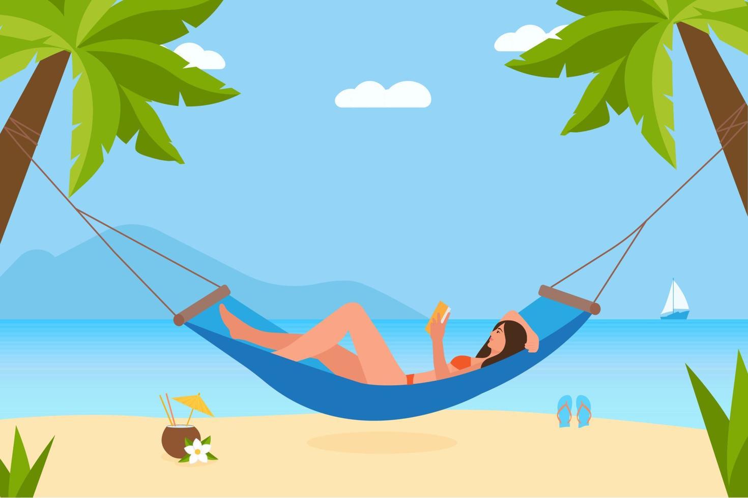 Beach landscape with sailing boat, beach hammock, cocktail and flip flops.Woman reading book in hammock at seacoast. Relax.Sea line, sand beach, sun, sky, palms. Vector flat colorful illustration