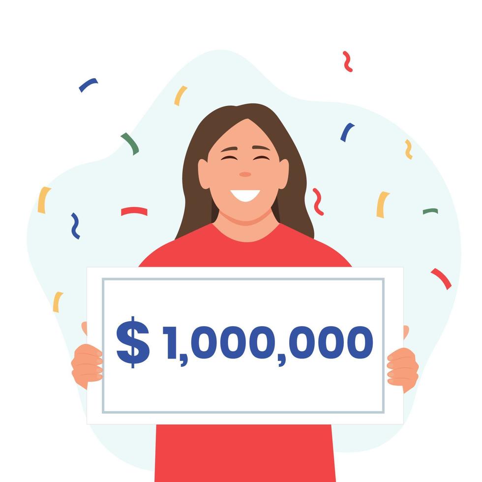 Happy woman with check for one million dollars in hands. Bib win lottery,winner.Money and business, finance success rich, lottery and award, vector illustration