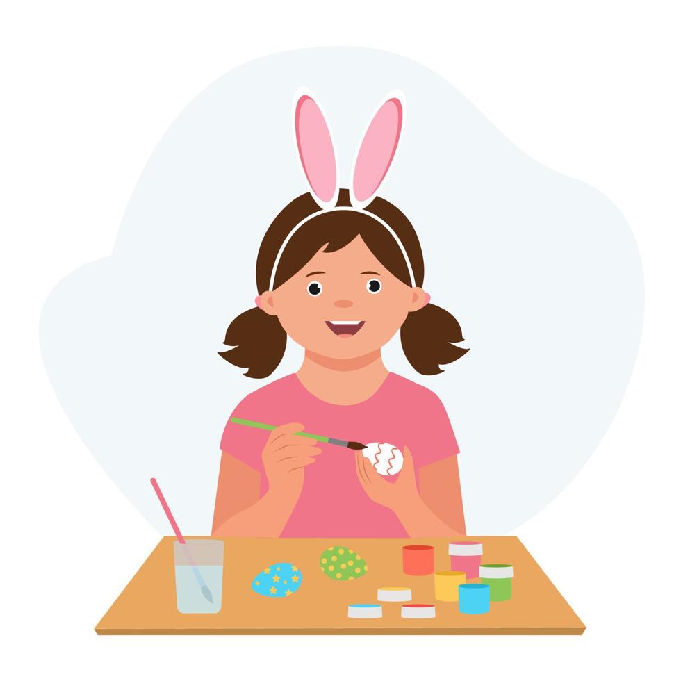 A kid painting Easter eggs. Girl wearing bunny ears on Easter day. Happy girl preparing for Easter. Flat vector illustration on a white background.