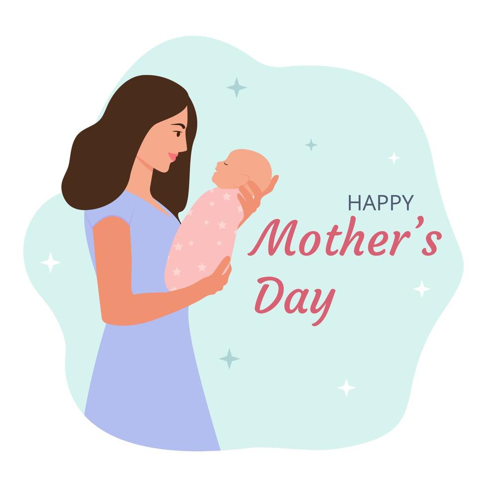 feliz mamá sostiene a su bebé en sus brazos. madre y bebé hewborn. tarjeta de felicitación del día de las madres felices. ilustración vectorial vector