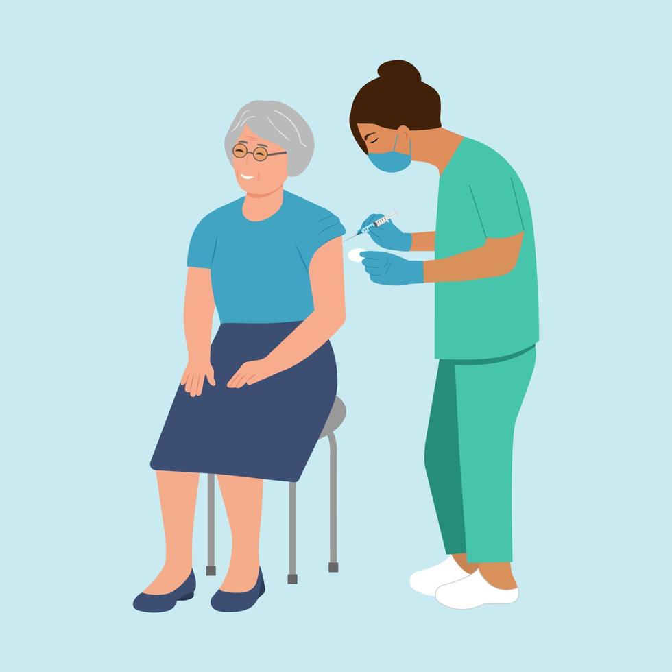 Vaccine elderly.  Doctor holds an injection vaccination elderly woman.  Vaccination concept senior . Vector illustration.