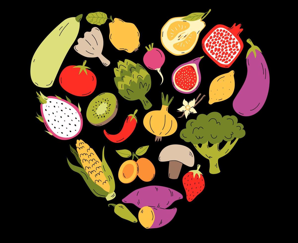 plantilla de marco de alimentos orgánicos en forma de corazón, frutas y  verduras dibujadas a mano para portada de menú, pancarta o folleto.  ilustración de dibujos animados vectoriales. 7718739 Vector en Vecteezy