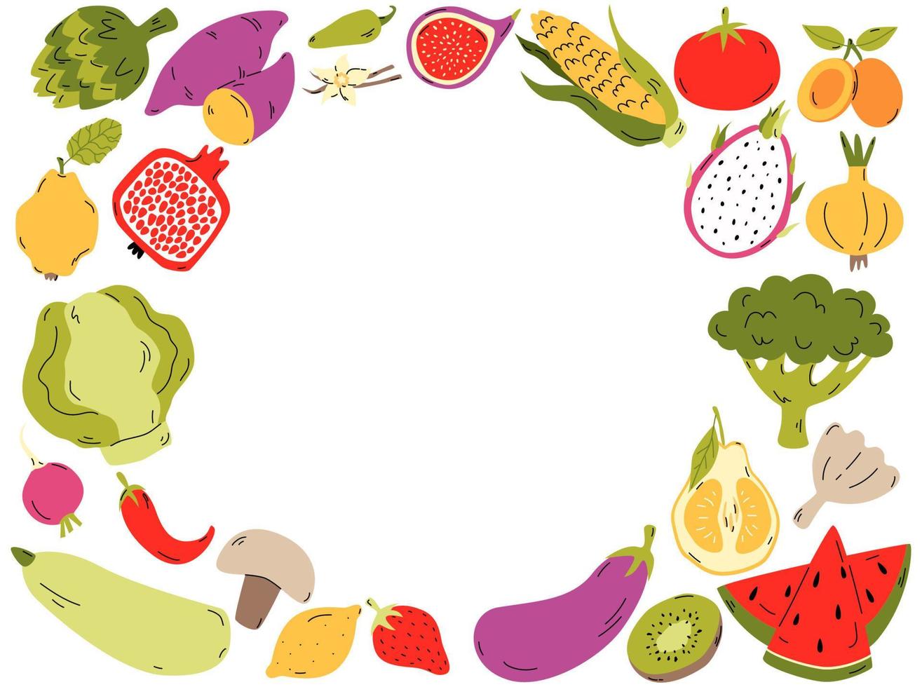 Organic foods frame template, hand drawn fruits and vegetables for menu cover, banner or brochure. Vector cartoon illustration.