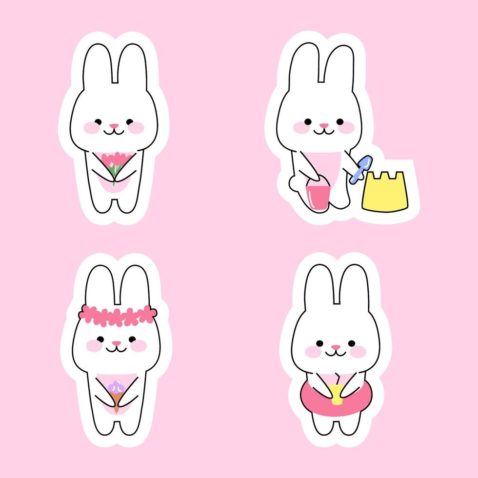 Summer stickers with kawaii rabbits. Rabbits with flowers, ice cream, drink, sand castle. Vector cartoon illustration.