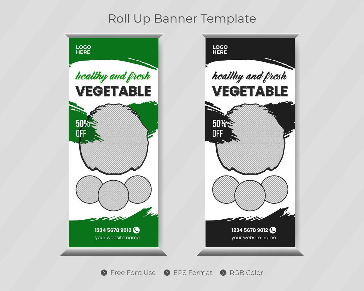 Restaurant and food roll up banner template with pull up design vector