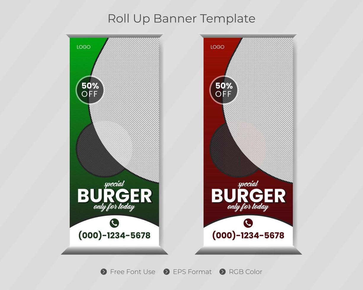 Restaurant and food roll up banner template with signage pull up design vector