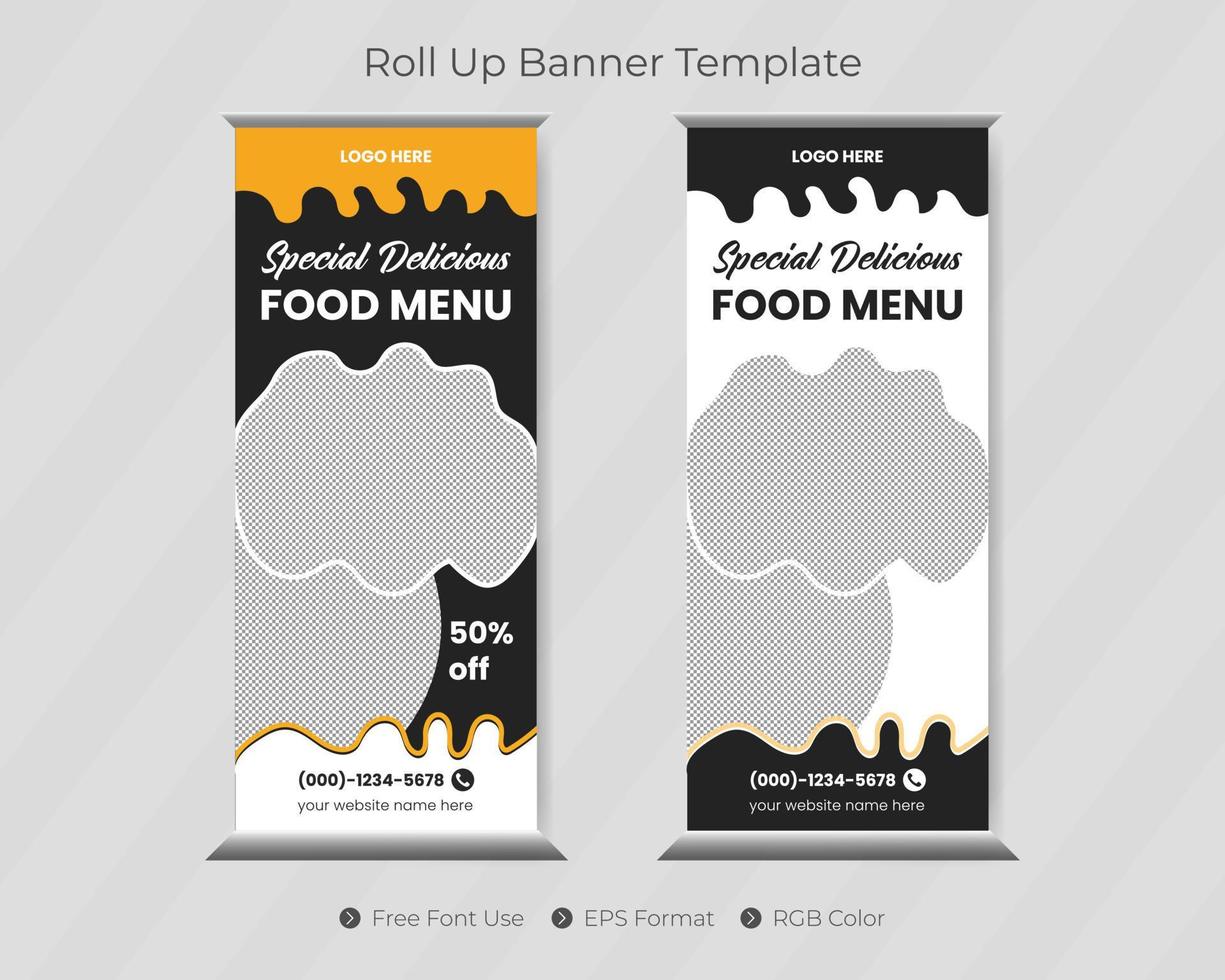 plantilla de banner enrollable de restaurante y comida con diseño pull up vector