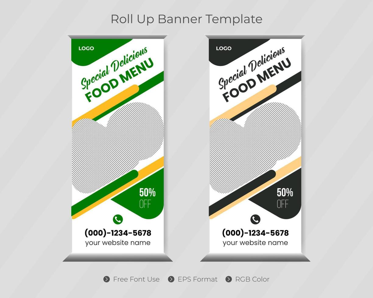 Restaurant and food roll up banner template with signage pull up design vector