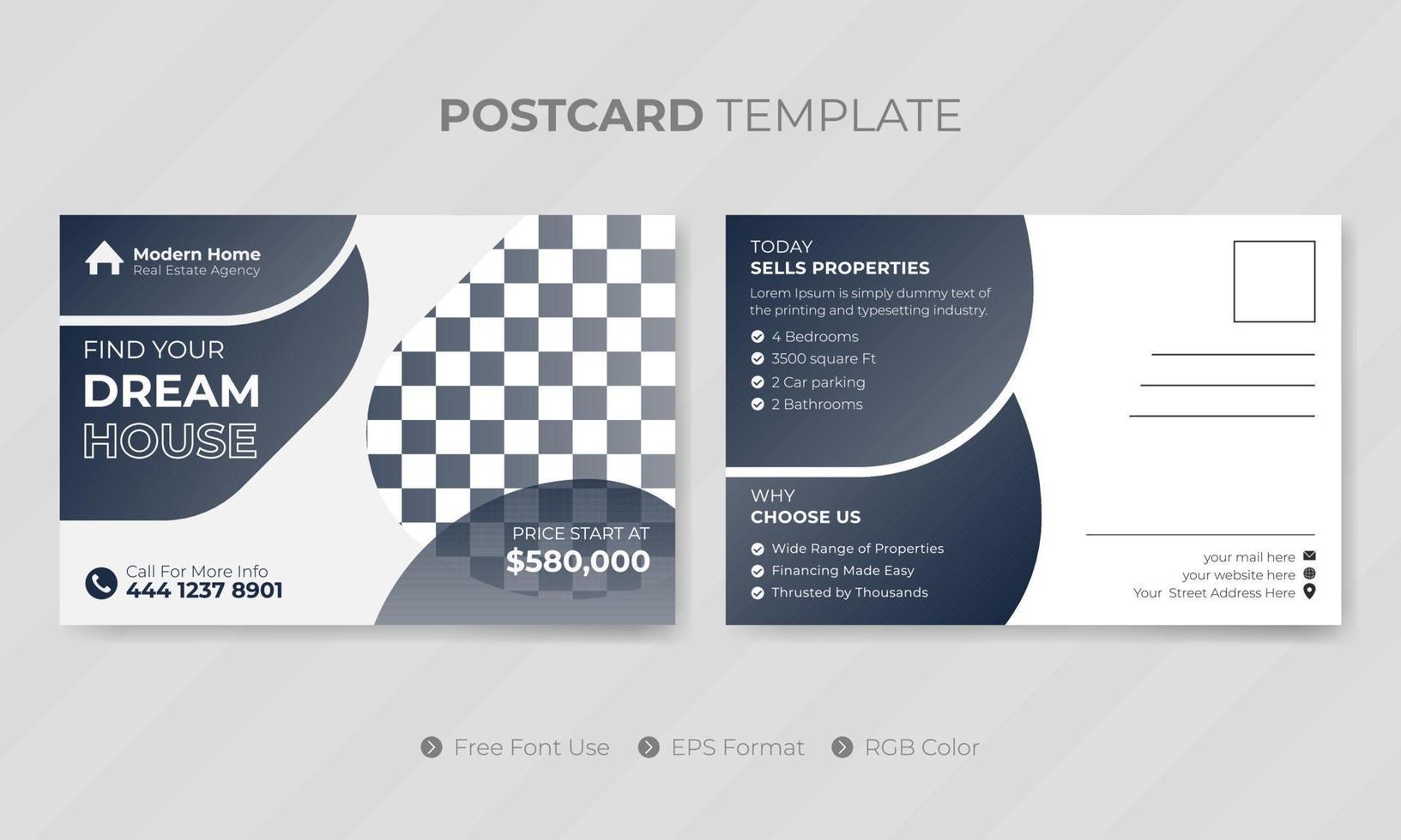 Professional digital company real estate postcard template or social media design for business agency vector