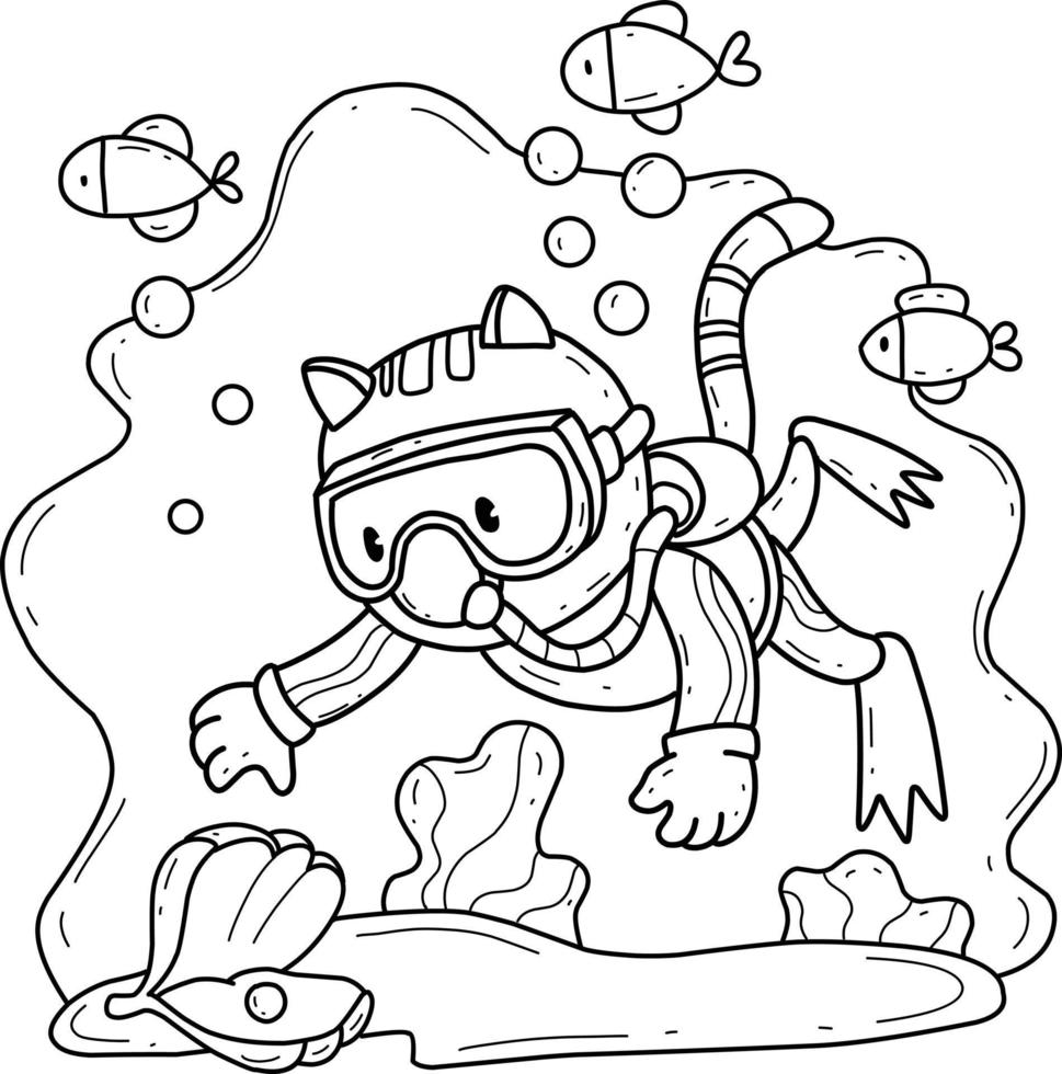 animals coloring book alphabet. Isolated on white background. Vector cartoon cat diver.