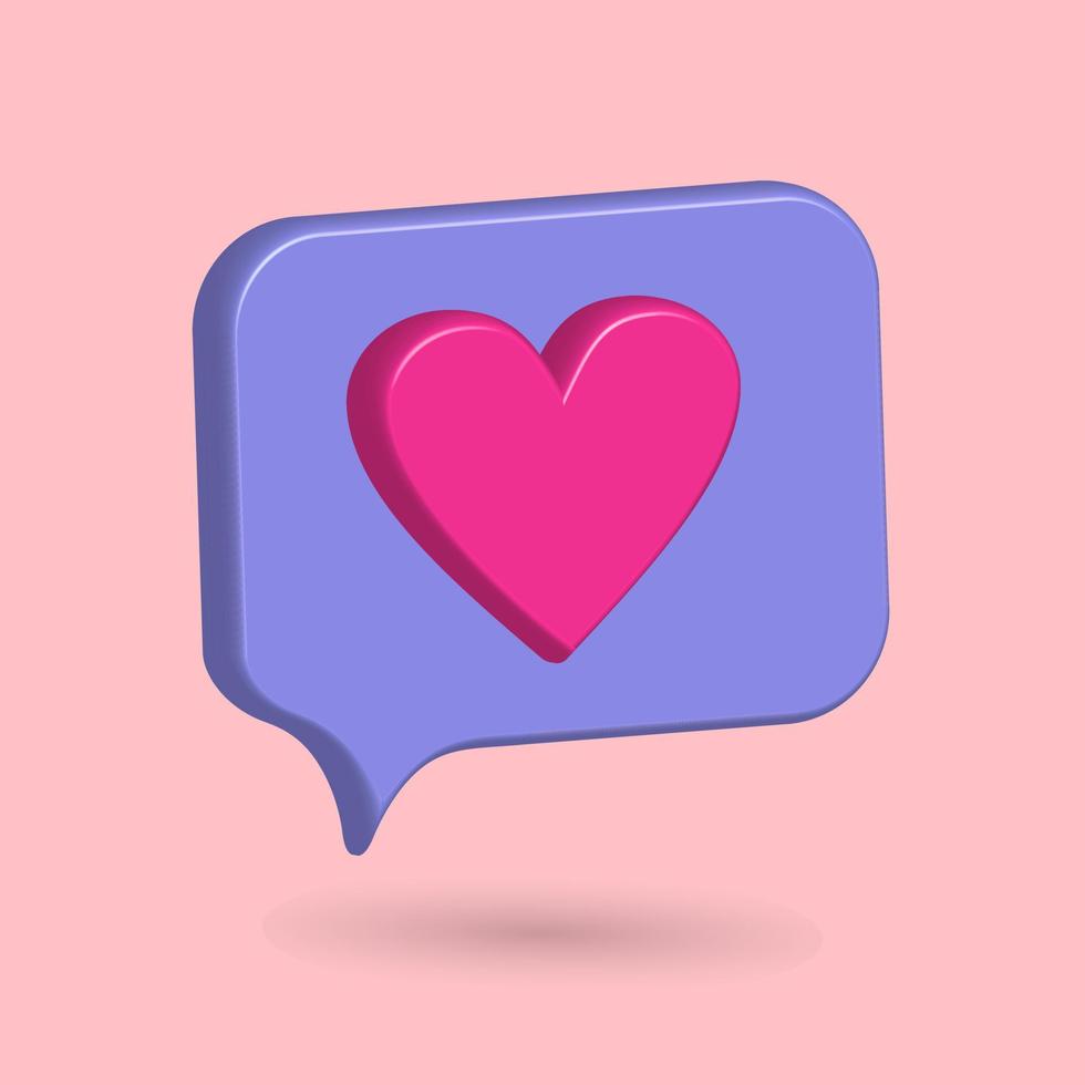 3D love speech balloon icon vector illustration, with purple background, favorite post on media social