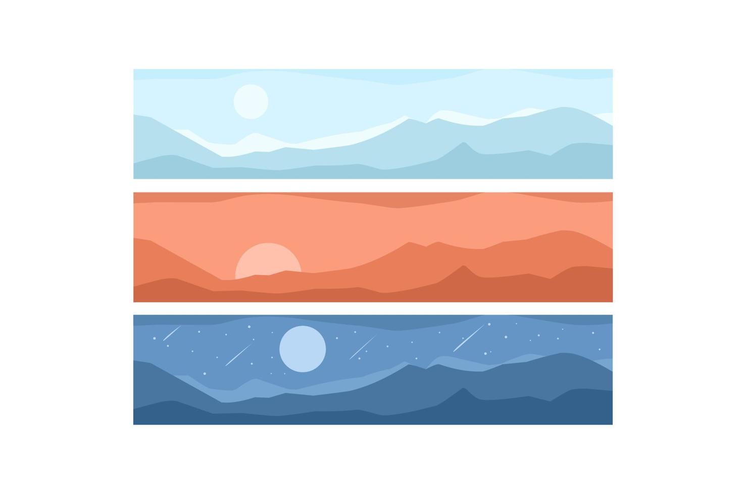 set of mountain landscape banners with flat design and with different time atmosphere vector