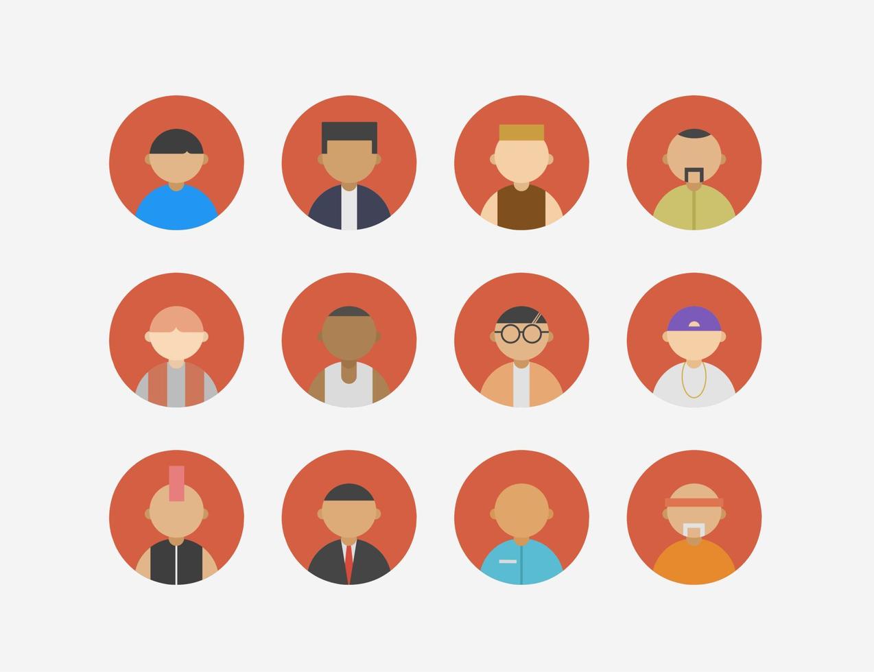 set of male avatars in assorted clothes and skin tones with simple and flat designs vector