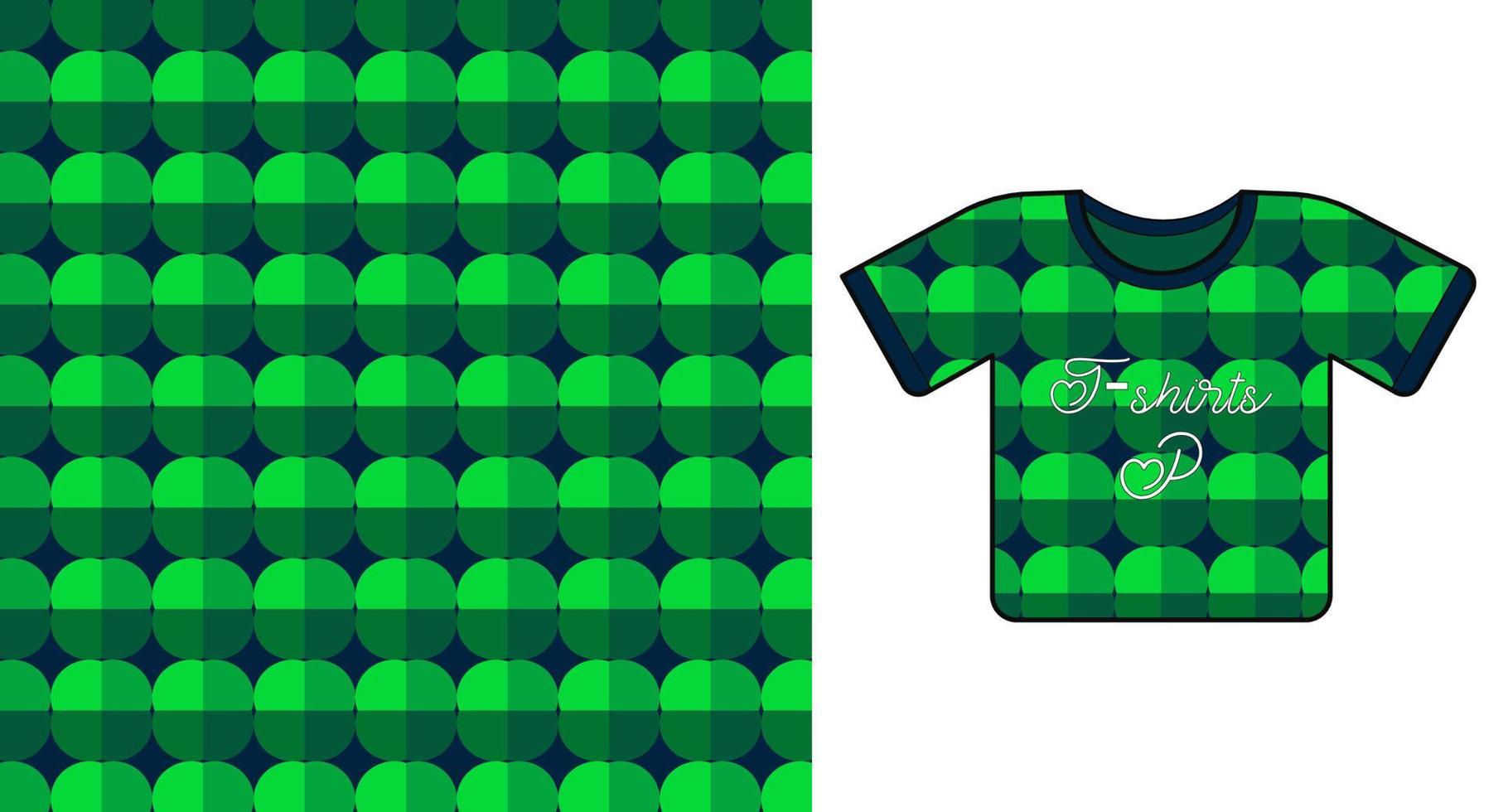 T-shirt top tee fashion flat technical drawing template with green seamless pattern. Vector illustration